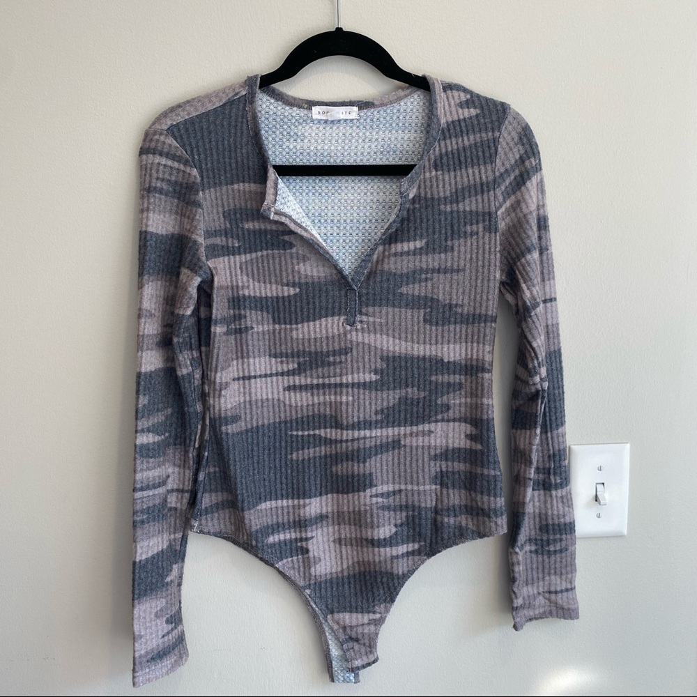 Socialite Camo V-Neck Waffle Long Sleeve Bodysuit